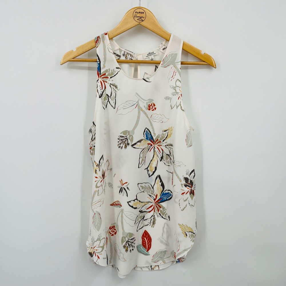 Aritzia Wilfred Cream Floral Print Sevres Silk Trim Sleeveless blouse Size Small